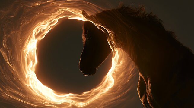 Prompt: A psychological conceptual shot of the inner shadow. A crisp silhouette profile of a dark mythical stallion is double-exposed with a dramatic landscape of a supermassive black hole surrounded 
