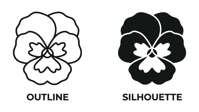 Pansy Flower Icons: A set of two graphic icons representing a pansy flower, one in outline form and the other as a solid silhouette, perfect for design elements and iconography.