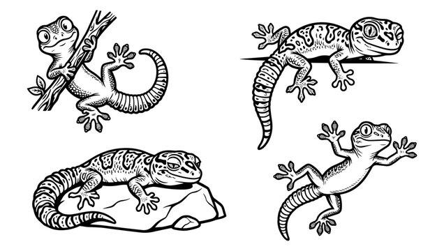 Set of cute gecko illustrations. Hand drawn lizard sketches for nature design projects.
