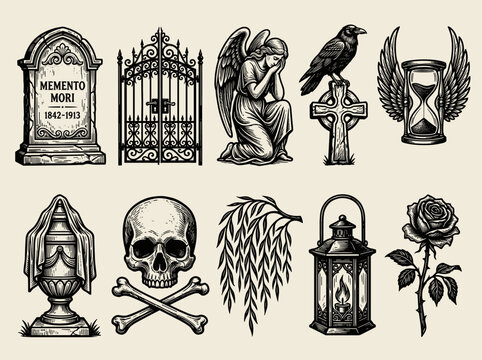Cemetery elements linocut illustration set, headstone gate angel raven and skull on cream background