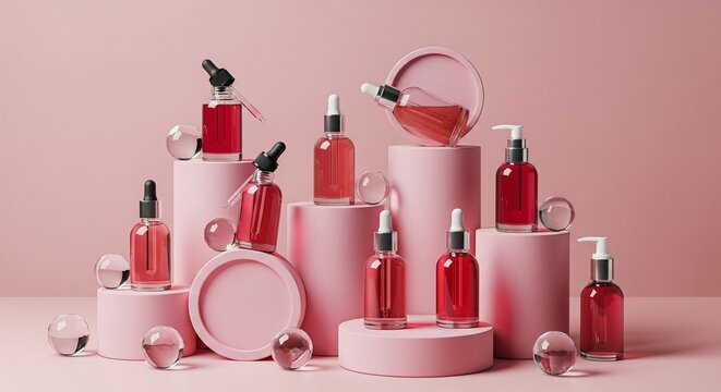 Elegant cosmetic serum bottles with dropper and pump dispensers displayed on pink pedestals, featuring pink serum and glass spheres