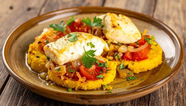 Rustic ackee with white fish. Traditional jamaican ackee and saltfish recipe plated with fresh tomatoes and herbs.
