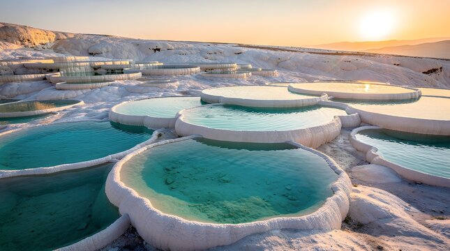 Stunning sunset view over the natural white travertine thermal pools of Pamukkale in Turkey.