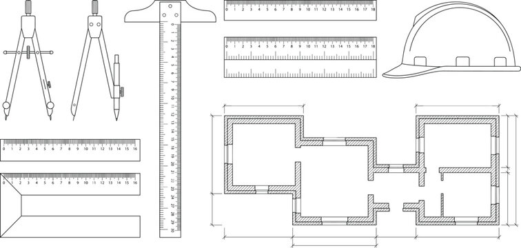 Black Line Drawing Architecture Drafting Tools Compass Ruler Hard Hat Floor Plan Set