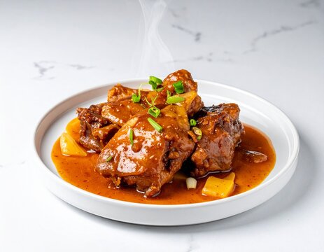 Bowl of savory Filipino adobo. Homemade Filipino pork or chicken adobo served with a generous amount of sauce.
