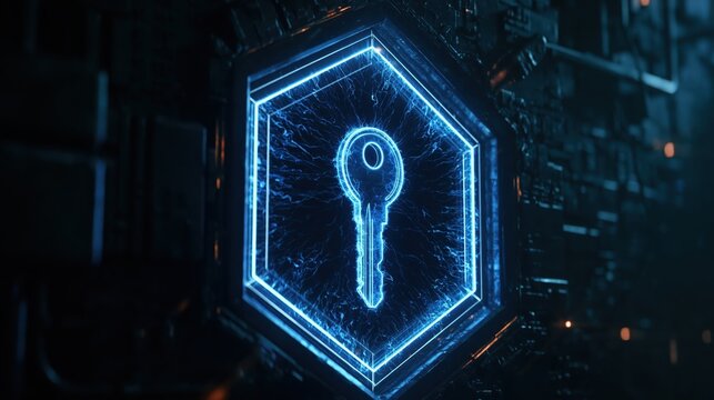 Bright blue key forming inside a slowly rotating hexagonal frame as a symbol of secure access on a dark background with copy space