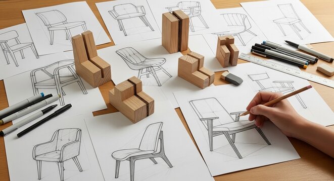 Furniture design process: Hand drawing chair sketches and wooden models on desk with drawing tools and ruler
