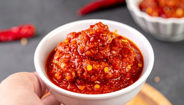 Hot manas chili sauce. Intense red pepper paste with visible seeds providing a fiery kick to any dish.
