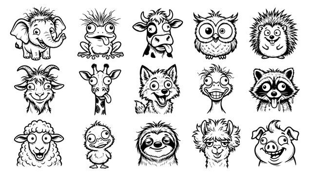 Set of cute animal sketches. Hand drawn funny cartoon creatures for kids design.