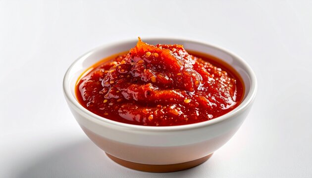 Spicy manas red condiment. Traditional freshly ground hot chili paste served in a simple white ceramic bowl.