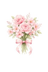 Fototapeta premium Watercolor pink floral bouquet with ribbon bow