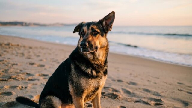 german sheprador dog close up on german coast beach morning light video