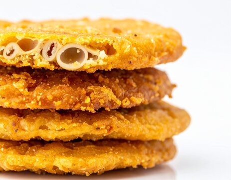 Stacked bean fritters. Authentic west african akara peeled black eyed bean fritters stacked and broken.