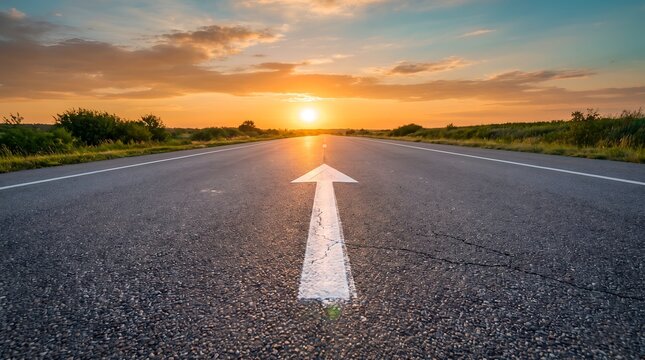 Business strategy and future roadmap concept depicted by a directional white arrow on an empty highway pointing towards a glowing sunset horizon