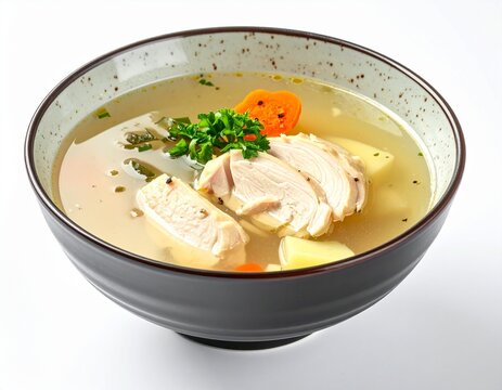 Clear chicken broth. Traditional malagasy akoho sy roni soup with tender chicken pieces carrots and fresh green herbs.