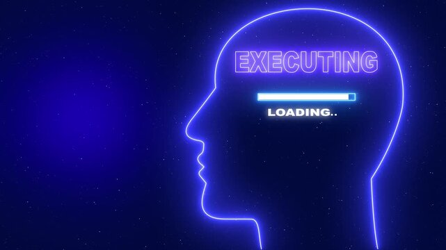 Neon blue outline of a human head profile with the word Executing and a loading bar on a dark blue starry background