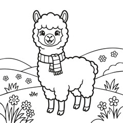 Naklejka premium Adorable llama wearing a scarf coloring sheet with coloring landscape activity