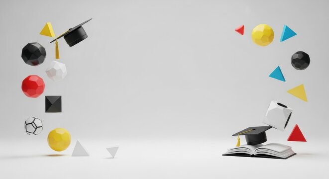 Minimalist 3D render featuring black graduation caps, an open textbook, and multicolored floating geometric shapes like spheres and pyramids on a clean white background.
