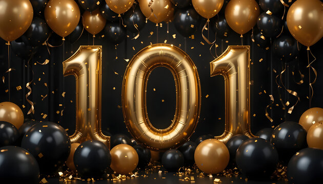 Golden balloon 101 digits arranged for anniversary celebration on luxury black studio surface.
