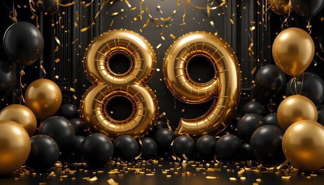 Metallic golden balloons as number eighty nine with black balloons and confetti on dark backdrop.