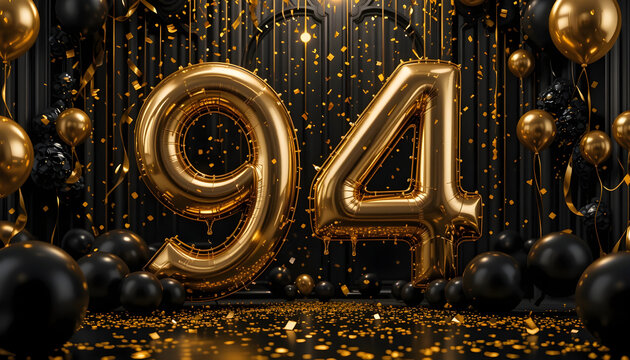 Shiny gold number 94 balloon on black background with golden confetti and balloons.