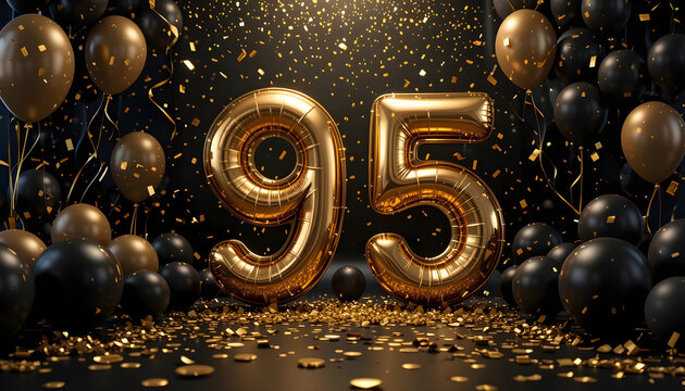 Shiny gold number 95 balloon on black background with golden confetti and balloons.