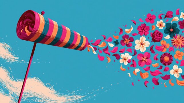Bold striped windsock on a slender pole reading the direction of the wind in a bold retro poster layout