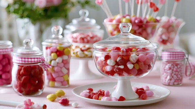 Assorted pink, red, and white candies in elegant glass jars and bowls on a pastel table, perfect for celebrations and dessert tables.
