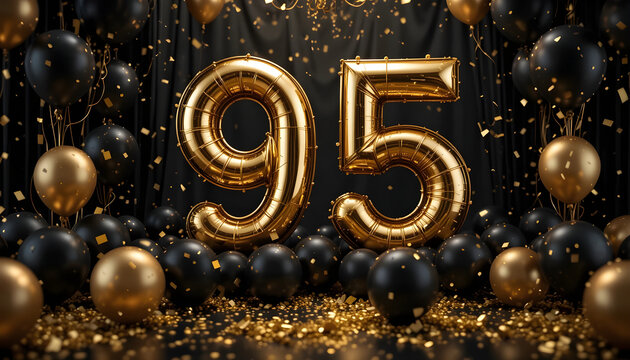 Shiny gold number 95 balloon on black background with golden confetti and balloons.