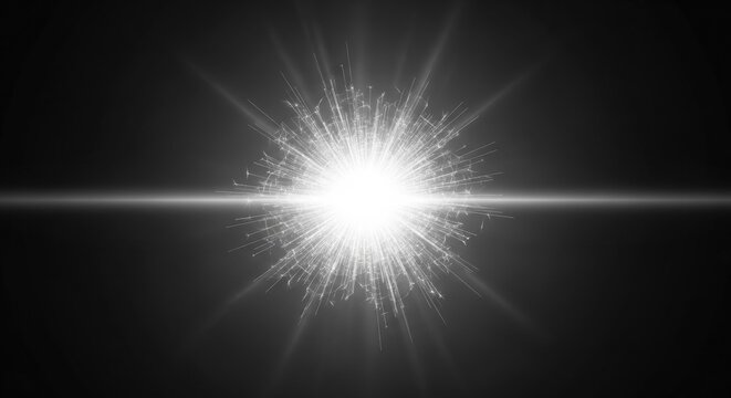 Central white burst of light with horizontal lens flare and radiating sparks against a black background, monochrome starburst effect with bright glowing core and fine light filaments.