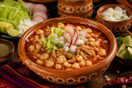 Traditional pozole soup with hominy, radish, lettuce, and lime wedges served in a rustic clay bowl under warm, inviting lighting.