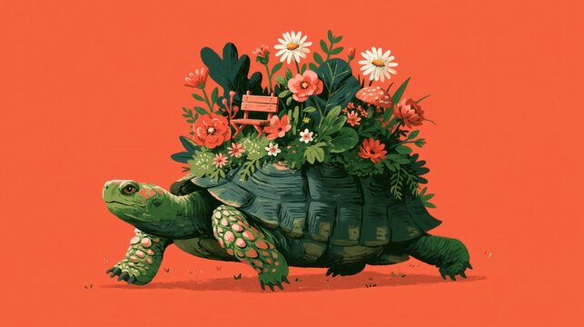 Calm tortoise carrying a carefully balanced load on its patterned shell