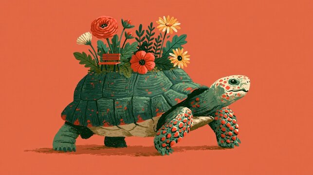 Calm tortoise carrying a carefully balanced load on its patterned shell with clean copy space