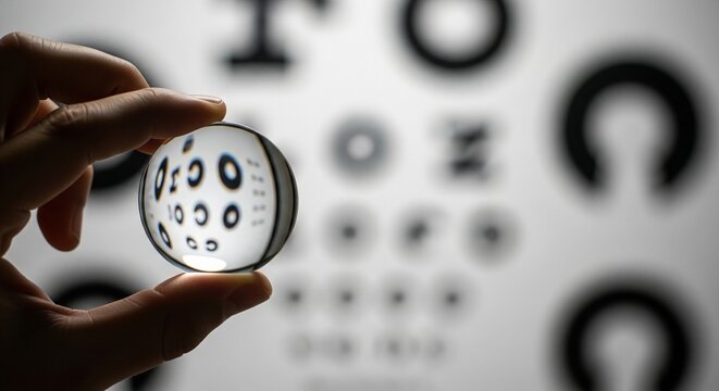 Close-up of Hand Holding Magnifying Glass Over Eye Chart, Testing Vision and Focusing on Letters