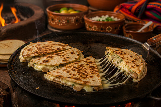 Sizzling quesadillas with melted cheese served on a hot comal in a rustic Mexican kitchen with a warm, smoky street food atmosphere.