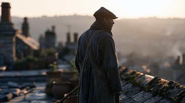 A chimney sweep stands at golden hour beside a restored Victorian rooftop, long handled brush extended over terracotta pots and mossy ridge tiles in a wide establishing landscape