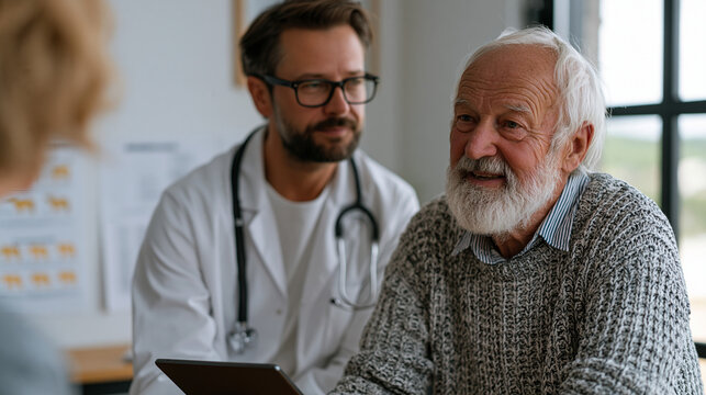 A veterinary surgeon discusses digital screen curfew evening routines with an elderly farming client in a sterile white consultation space, printed circadian health charts for