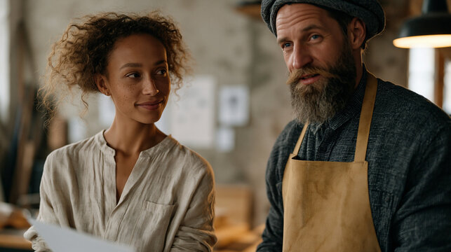 Bronze foundry worker couple discussing casting workflow in minimalist concrete studio, woman with fibromyalgia marking rest intervals on wall planner while partner adjusts mold