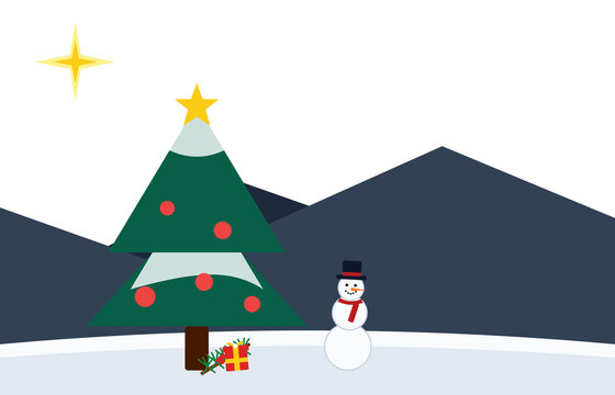 Christmas tree with presents and snowman in winter scene