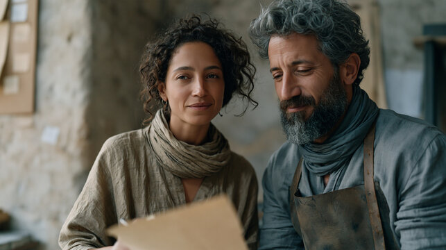 Bronze foundry worker couple discussing casting workflow in minimalist concrete studio, woman with fibromyalgia marking rest intervals on wall planner while partner adjusts mold
