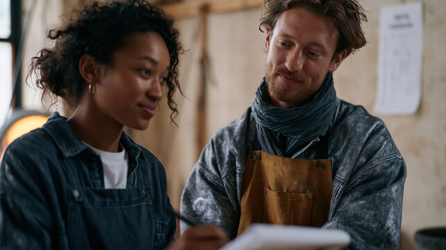 Bronze foundry worker couple discussing casting workflow in minimalist concrete studio, woman with fibromyalgia marking rest intervals on wall planner while partner adjusts mold