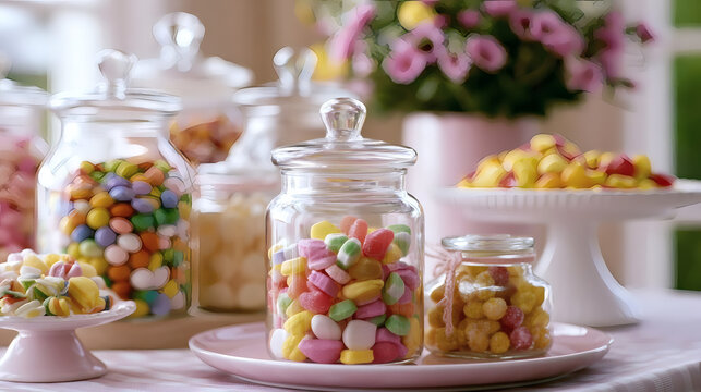 Assorted colorful candies in glass jars and bowls on a festive table, with flowers in the background. Perfect for sweet shop, candy buffet, or celebration theme.