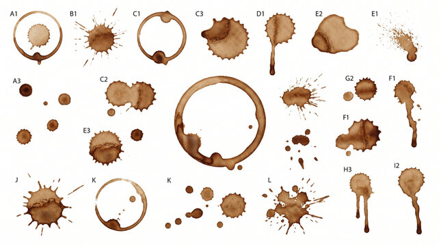 Coffee stains set on white background. Collection of brown beverage rings and splashes.