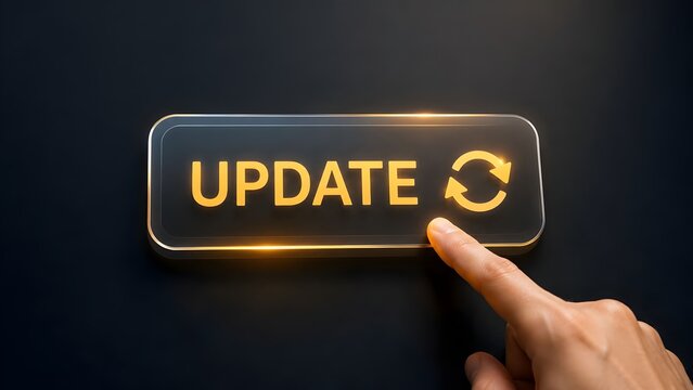 System update and software upgrade concept with finger pushing a glowing virtual button on a dark touchscreen interface