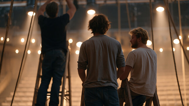 Stage lighting technician and their crew adjusting overhead rigs inside a warmly lit auditorium preparing for an autumn performance season, the group working at height on ladders