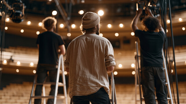 Stage lighting technician and their crew adjusting overhead rigs inside a warmly lit auditorium preparing for an autumn performance season, the group working at height on ladders