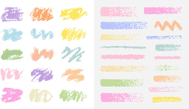 Assortment of colorful pastel crayon brush stroke textures and shapes on a light gray background