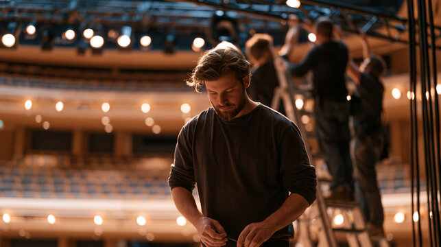 Stage lighting technician and their crew adjusting overhead rigs inside a warmly lit auditorium preparing for an autumn performance season, the group working at height on ladders