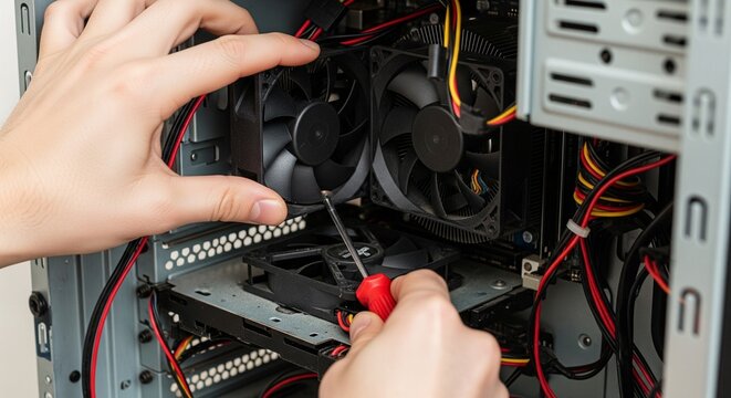 Close-up of hands installing computer fans inside a desktop PC case with tools and wires