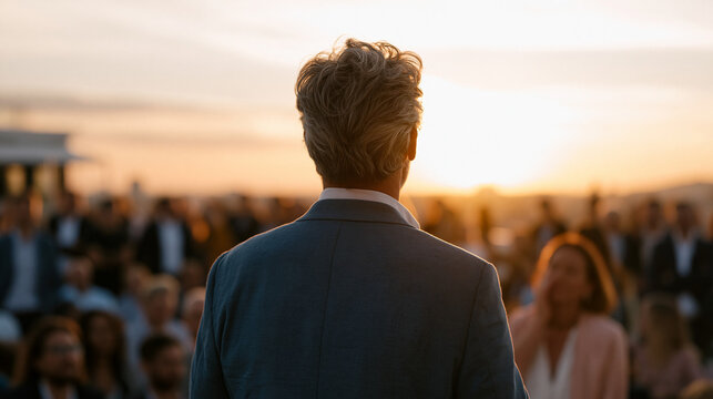 Executive coach addressing large corporate crowd at golden hour rooftop event, hundreds of attendees silhouetted against warm amber skyline, one participant visibly emotional as